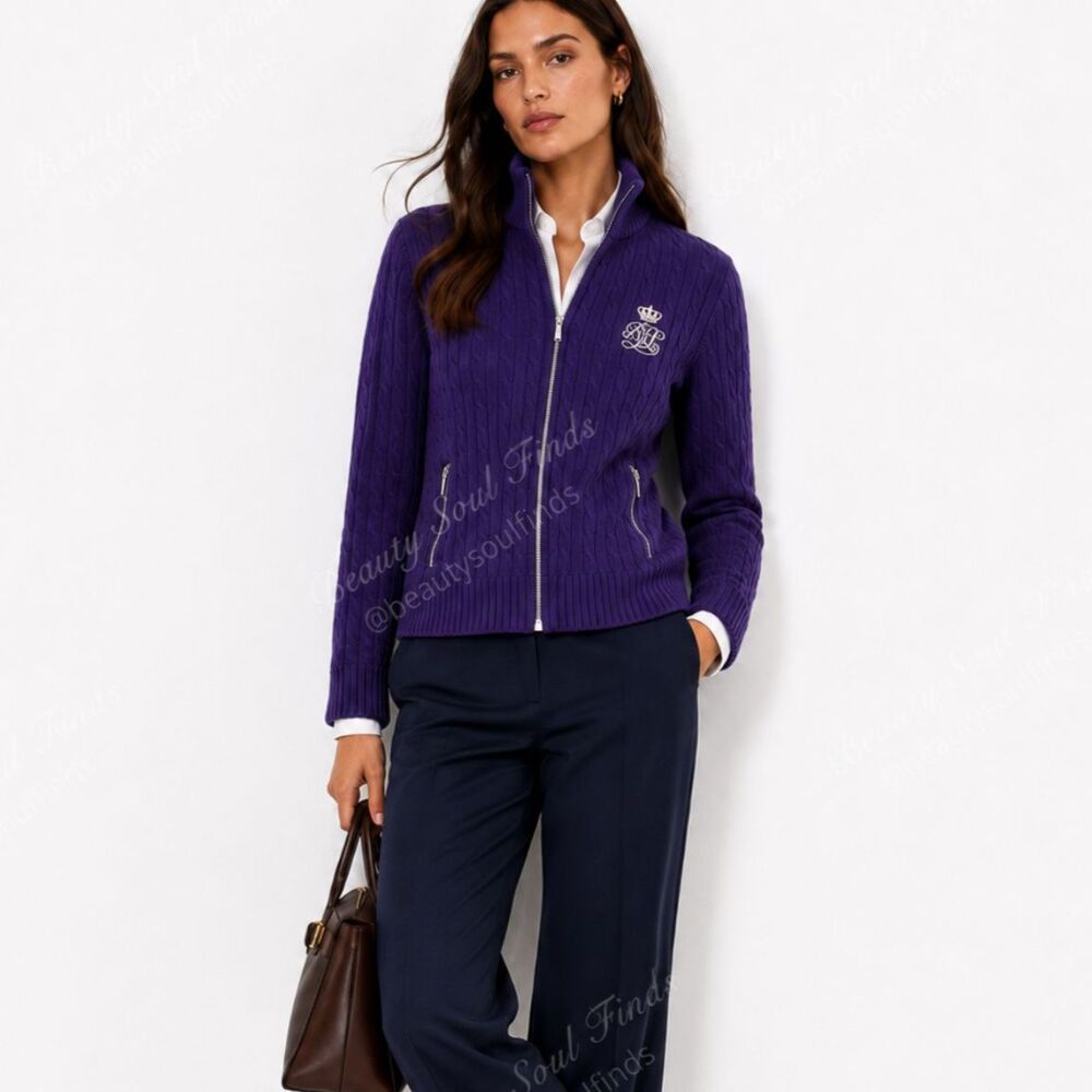 Ralph Lauren Purple Cable Knit Full Zip Sweater Cardigan RLL Embroidery Women's